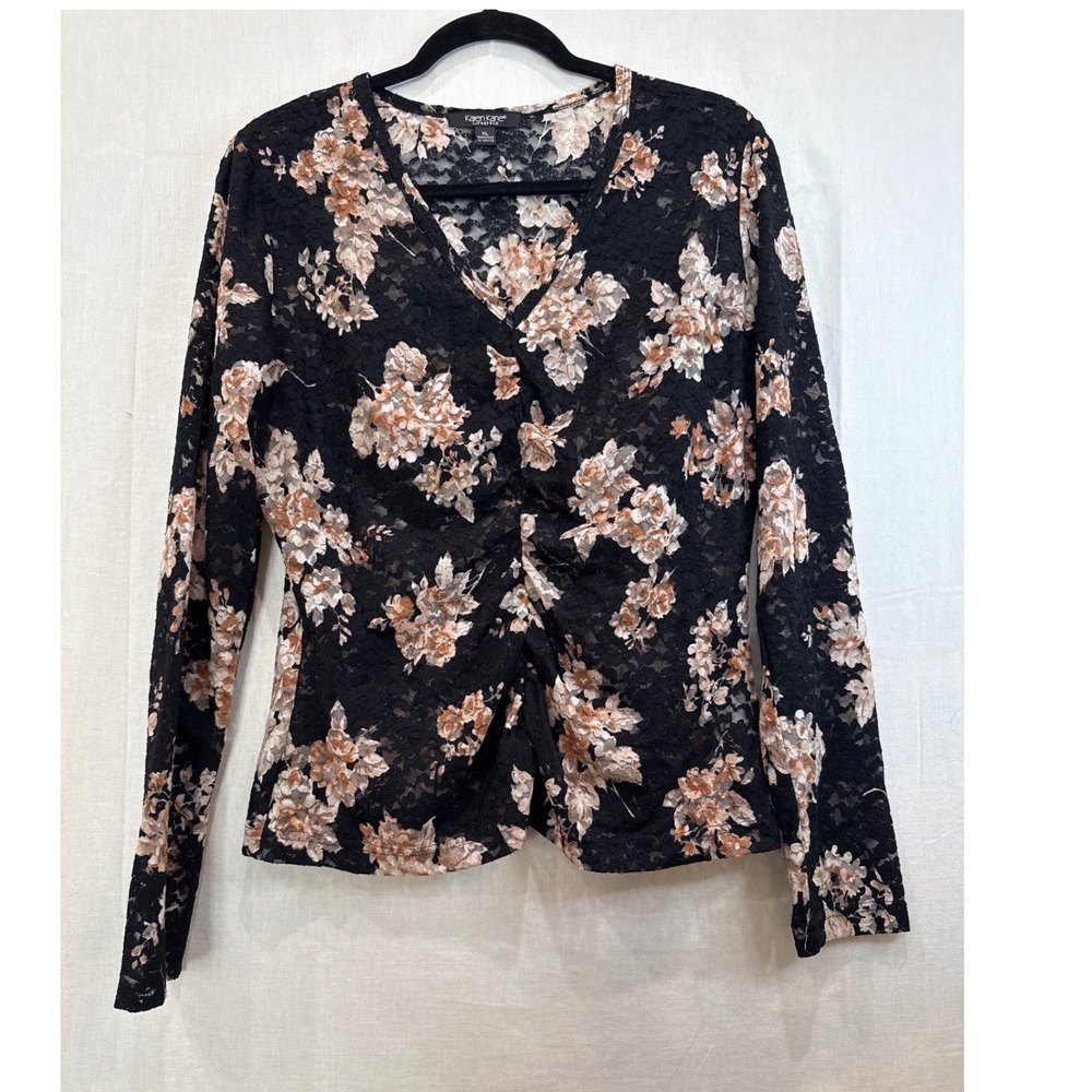 Karen Kane Women's Top XL Black Floral Lace V-Neck Long Sleeve Boho Grunge